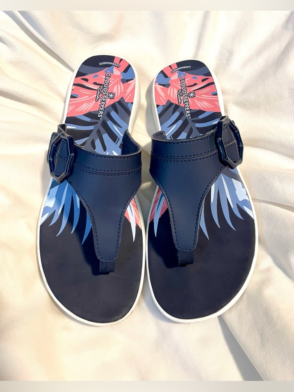 *NOOB* CLARKS Brinkley Sea Breeze Sandal-Women's Sz 10-Navy Blue Floral Accents